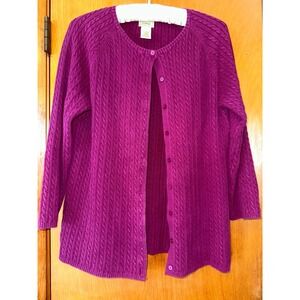 LL Bean  Sweater Womens L Button Up Cardigan Dark Purple Cable Knit